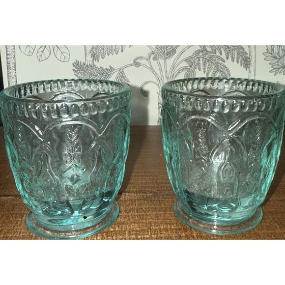 Set of Two Vintage Turquoise Green Glass Tealight Holders Decorative - Picture 1 of 6